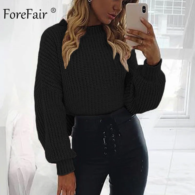 Forefair Casual Turtleneck Sweater Woman Winter Knitting Pullovers Lantern Sleeve Short Black White Knitted Solid Women Jacket