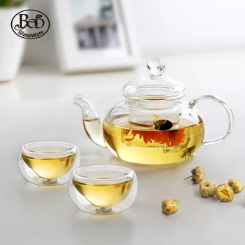 

O.RoseLif Handmade Glass Tea Set Bod High Temperature Resistant Glass Teapot + 2 Glass Cup
