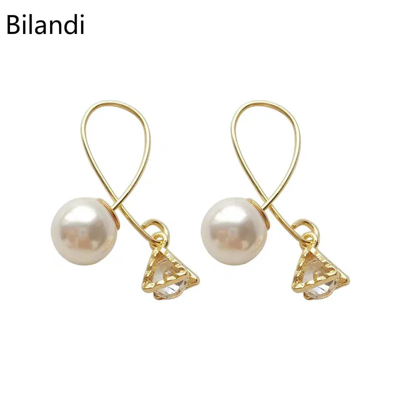 

Stylish Design Gold Wire With Triangle Glass Pearl Drop Earring For Woman Jewelry