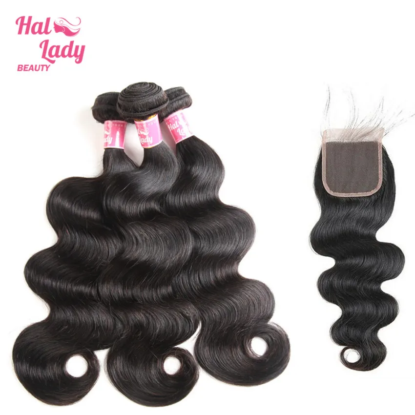 

Halo Lady Beauty Peruvian Body Wave Non Remy Hair 3 Pcs Human Hair Bundles With Lace Closure with Baby Hair Three Free Mid Part