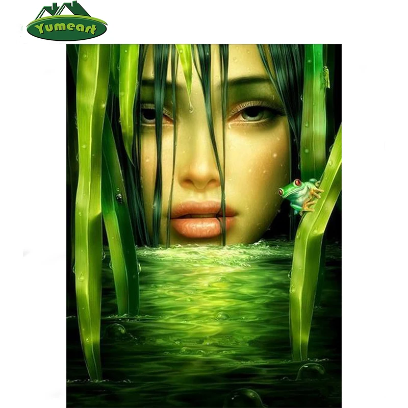 Image Full Diamond Embroidery Green Hair Women and Frog Needlework DMC Cross Stitch Resin Crafts Diamond Painting Scenic Wall Picture