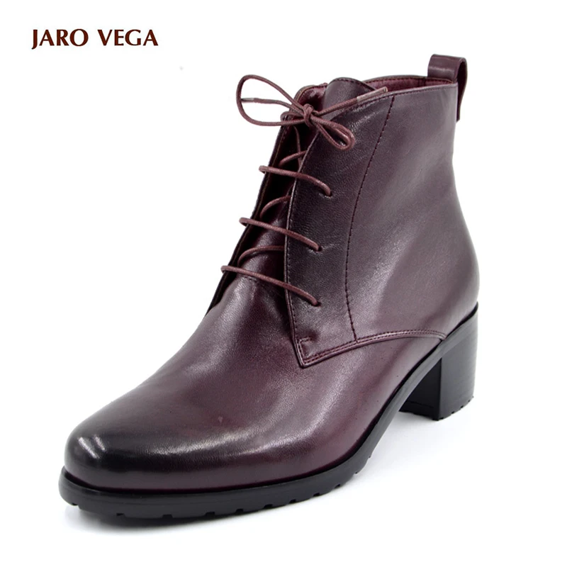 

Hot sale Fashion 2017 Genuine leather Sheepskin laces shoes woman ankle boots high heels round toe Autumn 35-41 size Wine red