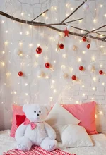 

Laeacco Christmas Light Bulb Teddy Bear Gray Wall Branch Bauble Pillow Ball Kids Star Interior Background Photocall Photo Studio