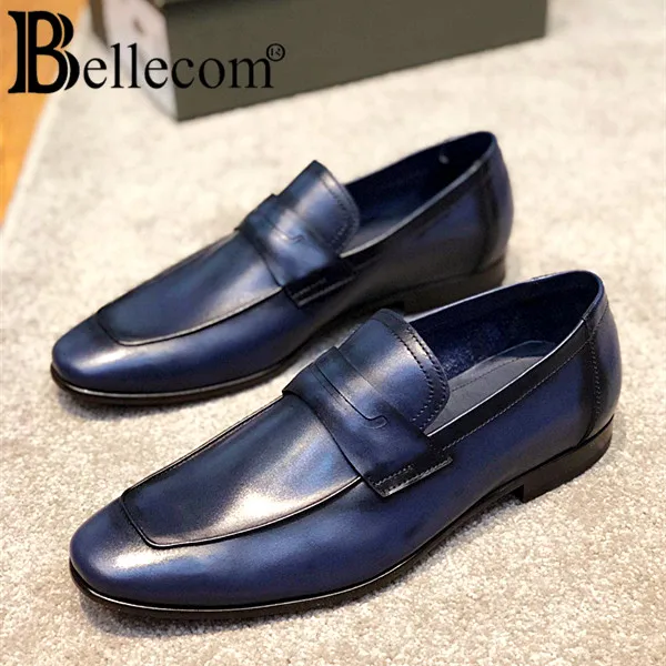 

BELLECOM2019 Men's leather shoes handicraft Polish dress shoes new leather leather square head meeting white collar gentleman sh