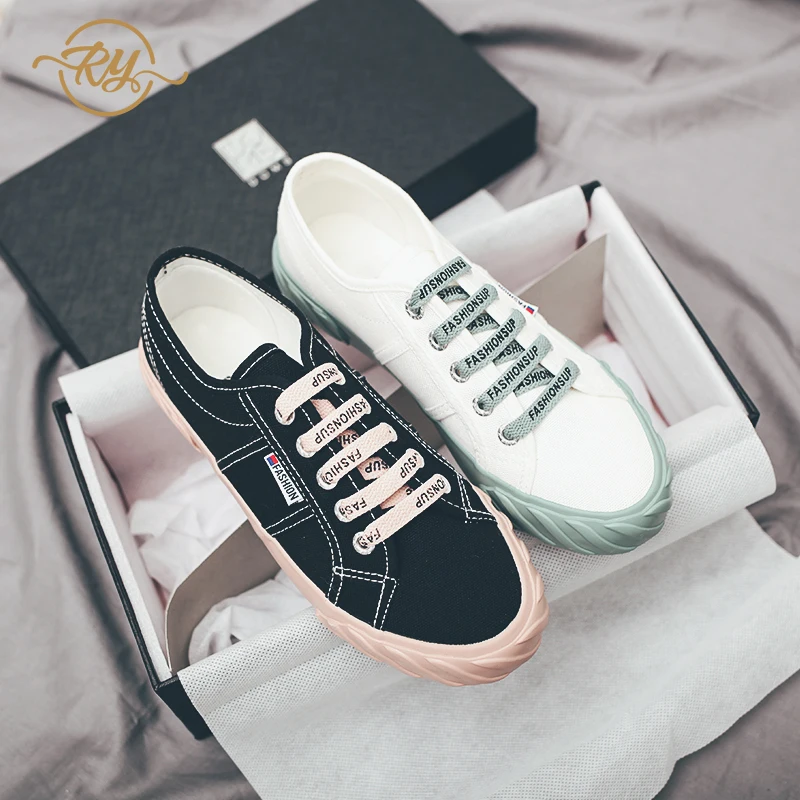

RY-relaa canvas shoes Korean version of the wild lace 2019 new spring flat bottom shoes foundation small white shoes tide