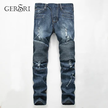 

Gersri Jeans Men Spring and Autumn Ripped Distressed Straight Slim Painted Stretch Biker Jeans Dark Blue Male Trousers