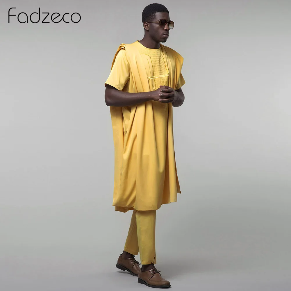 Fadzeco Agbada африканские костюмы для мужчин Дашики Этническая официальная одежда Топы рубашка брюки Бизнес 3 шт. набор африканская одежда Базен