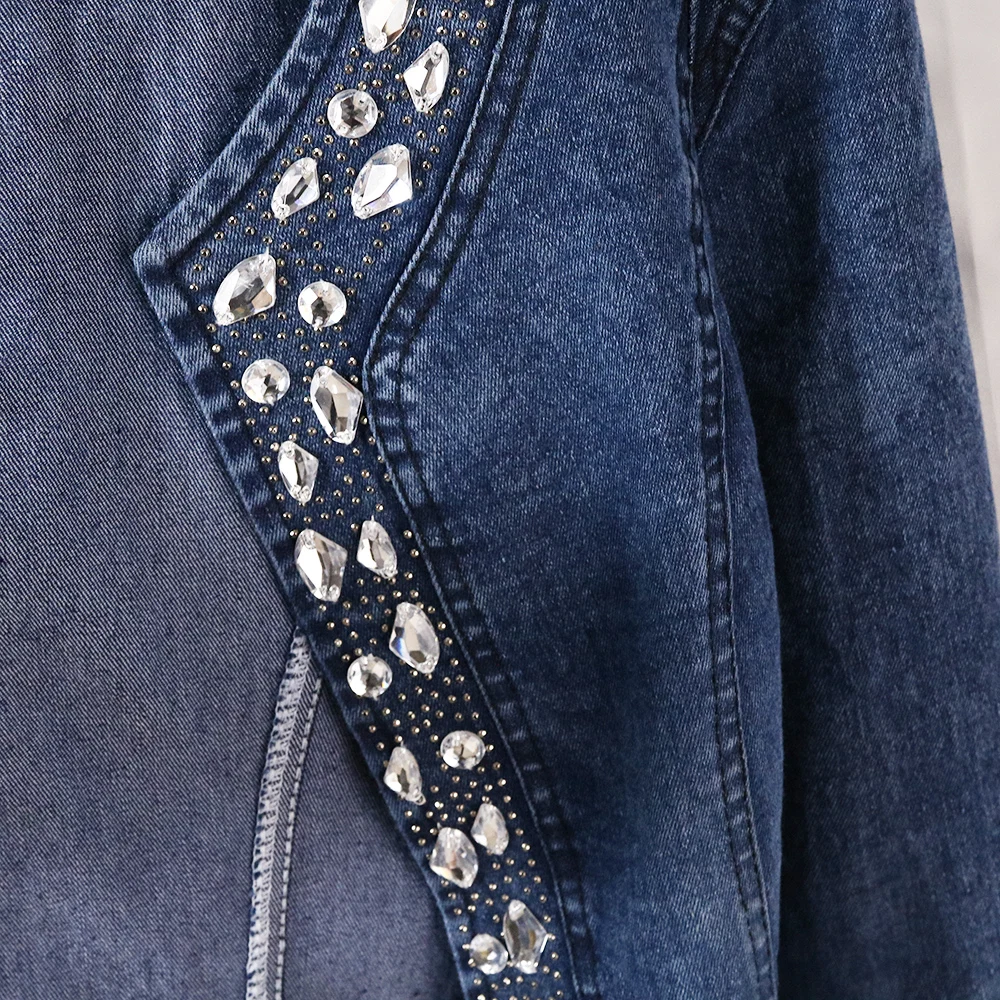 Online Denim Frauen Jacke Mode Mantel Mit Diamanten Dekoration Casaco Feminino Damen Tops Schlank Jeans Plus Größe 4XL Frauen Mantel