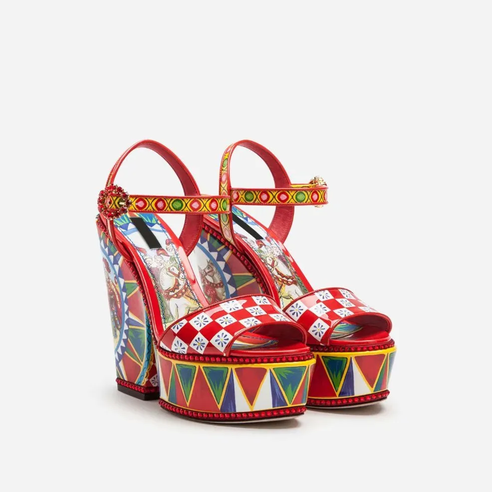 

2019 Vintage Bohemian Red Tribal Printing Sandals Crystal Buckle Strap Open Toe Platform Wedge Sandals Shoes Women