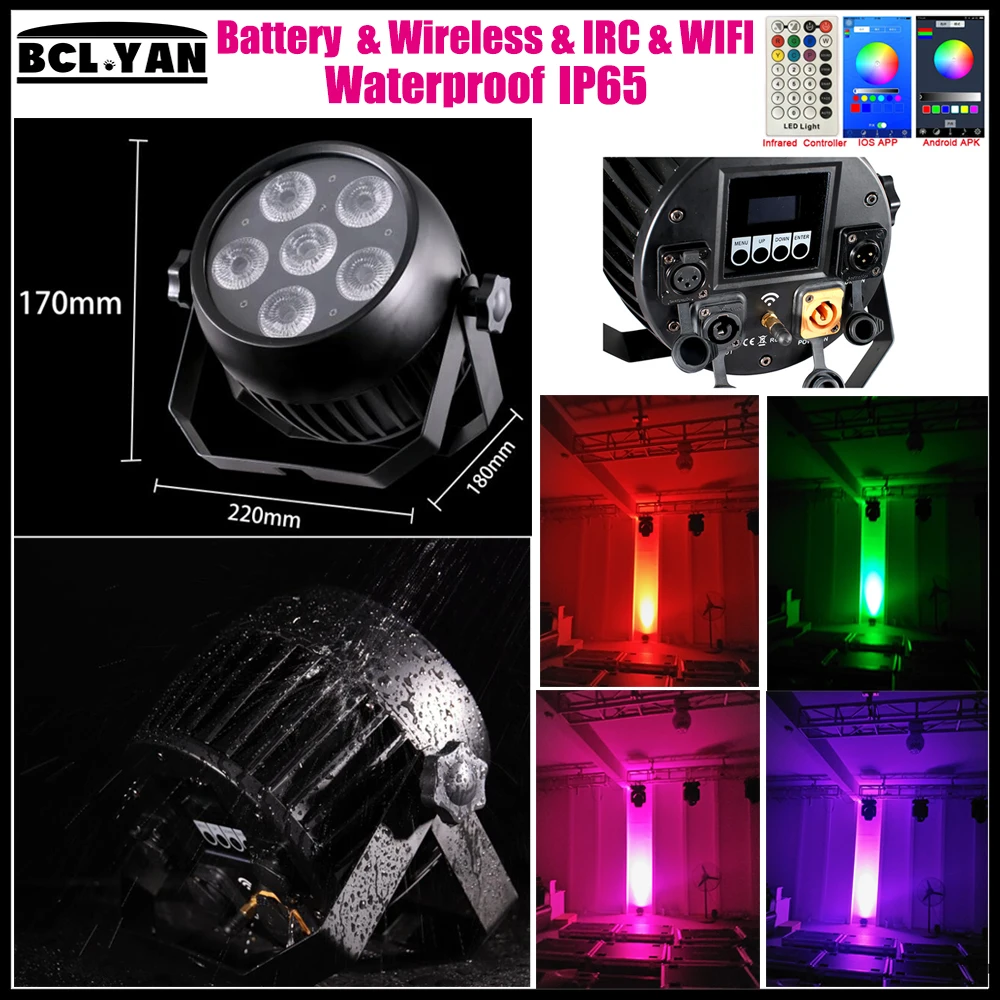 

Newest high brightness WIFI Phone app RGBWA UV 6 IN 1 6*18W Battery operated Wireless DMX Led par light IP65 IR remote