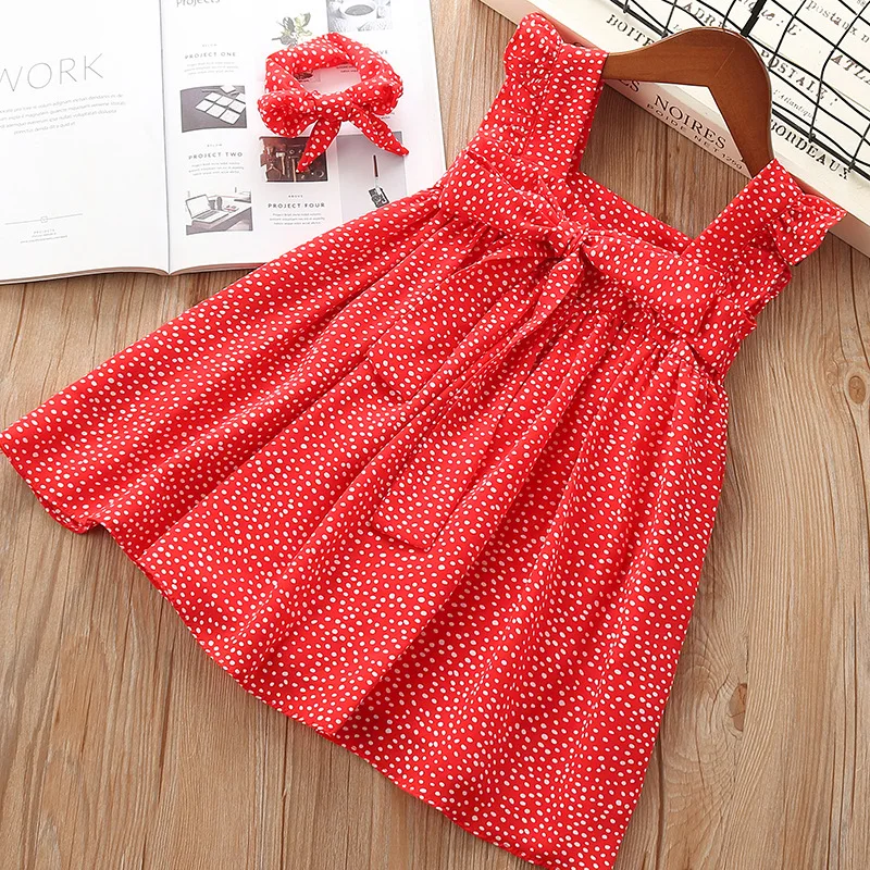 Летние Детские платья для маленьких девочек красное платье с бантом и рукавами-крылышками платья в горошек платье принцессы с повязка на голову для девочки, костюм
