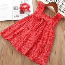Летние Детские платья для маленьких девочек красное платье с бантом и рукавами-крылышками платья в горошек платье принцессы с повязка на голову для девочки, костюм