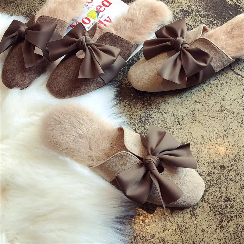 Тапочки с бантиком из натурального меха; зимняя женская обувь из флока и замши; тапочки из натурального кроличьего меха с меховым помпоном