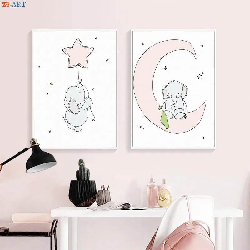 

Elephants Moon Stars Art Print Canvas Painting White Pink and Green Poster Girl Nursery Wall Art Baby Room Decoration Pictures