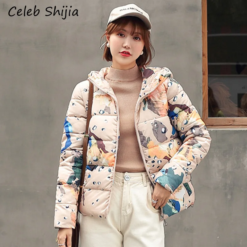 

2019 New Winter cotton-padded Woman Korean Fashion Pink yellow printed coat hooded ladies outdoor wear casaco feminino