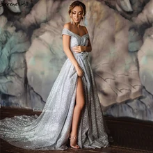 Серое винтажное сексуальное вечернее платье с открытыми плечами модное ТРАПЕЦИЕВИДНОЕ блестящее вечернее платье со шлейфом Новинка LA6600