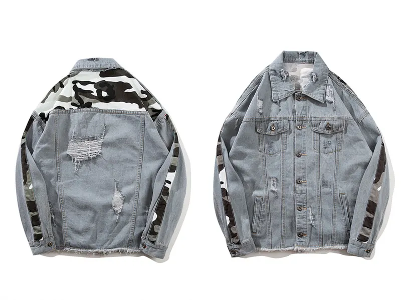 Camouflage Patchwork Ripped Denim Jacket 1