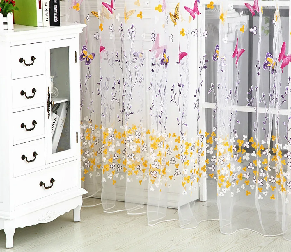 

100X270CM Beautiful Flower Butterfly Sheer Curtain White Tulle Window Screens Voile Drape Valance Kids Child Girl Room Decor