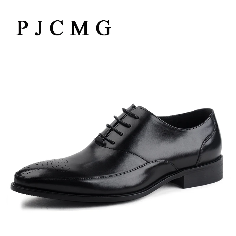 

PJCMG Brand Italian Style Spring/Autumn Luxury Men's Black/Red Genuine Leather Pointed Toe Dress Business Oxfords Shoes For Men