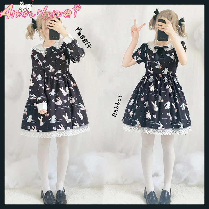 

Women Kawaii Cartoon Rabbit Print Lolita Dress Cute Japanese Style Girls Sweet Lace Peter Pan Collar Ball Gown Princess Dresses