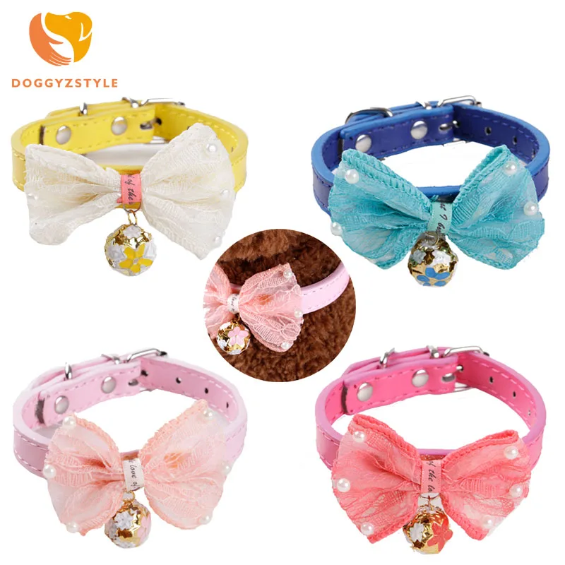 

Dog Collars Lace Bowknot Adjustable PU Leather Dogs Puppy Pet Collar Pearl Necklace Dog Collars New Arrival DOGGYZSTYLE