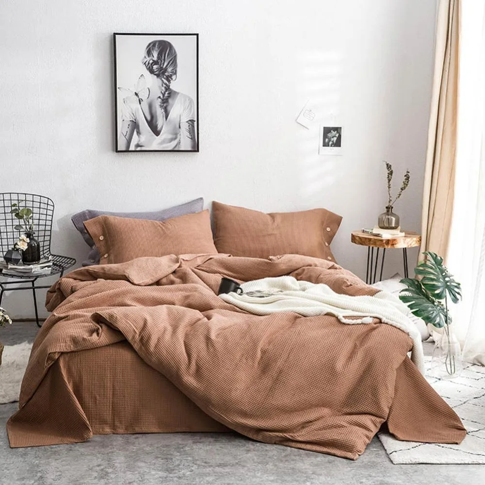 

2019 Coffee Solid Waffle Pattern Soft Cotton Bedlinens Bedding Set Queen King Size Duvet Cover Set Bed Sheet Pillowcases
