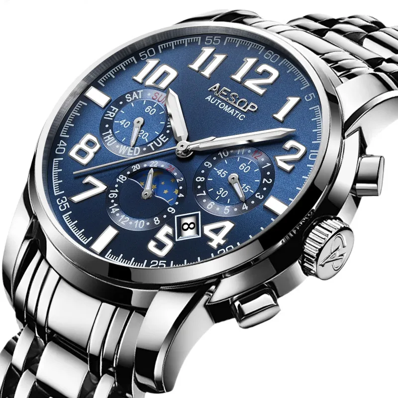 AESOP, Мужские автоматические механические часы, модный бренд, светящееся время, повседневные военные спортивные водонепроницаемые часы, Relogio Masculino - Цвет: Синий