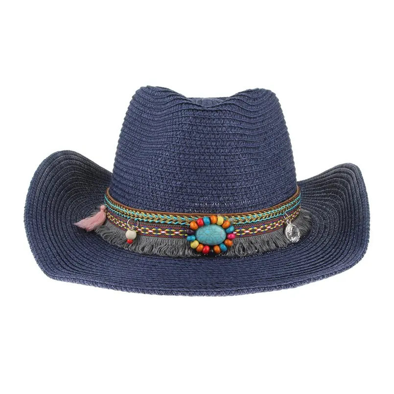 GEMVIE летняя Панама соломенная шляпа для женщин мужчин плетеная солома унисекс широкий с полями, солнце шляпа ретро ковбой шляпа Бохо стильный браслет пляжная шапка