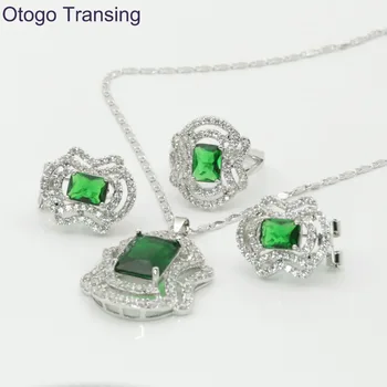 

Otogo Transing Silver Color Romantic Geometric Shaped Jewelry Sets Green crystal AAA Zircon For Necklace/Earring/Ring S187