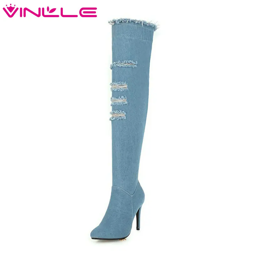 

VINLLE 2019 Women Shoes Over The Knee Boots Thin High Heel Denim Zipper Leisure Ladies Motorcycle Shoes Size 34-43