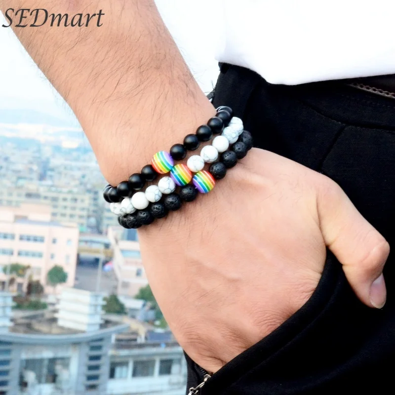 

SEDmart Natural Stone Beaded Bracelet for Women Men Volcanic Stone Colorful Beads LGBT Colours Jewelry Birthday Gift Souvenir