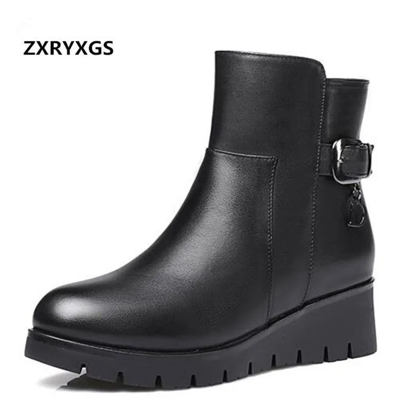 

ZXRYXGS Brand Boots 2018 New Winter Cowhide Plus Velvet and Wool Snow Boots Thick-soled Wedges Real Leather Shoes Women Boots