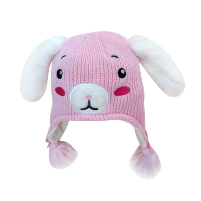 Cute Rabbit Baby Hat For Girls Cotton Knitted Pattern Kids Beanie Pink Girls Hat With Ears Thick Double Layer Warm Winter Hat  (3)