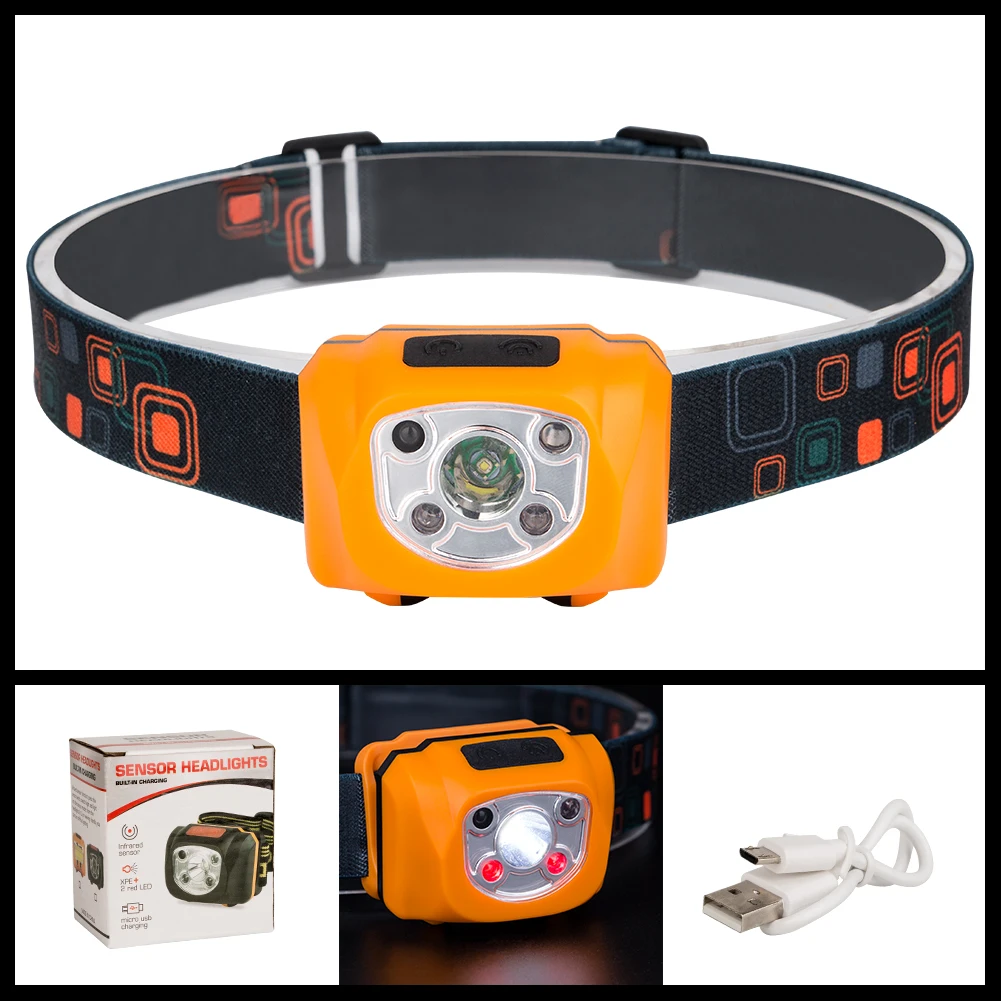 

3 Modes Body Motion Sensor Headlight USB Rechargeable LED Headlamp 1*XPE LED+2*Red LED Camping Flashlight Head Light Torch Lamp