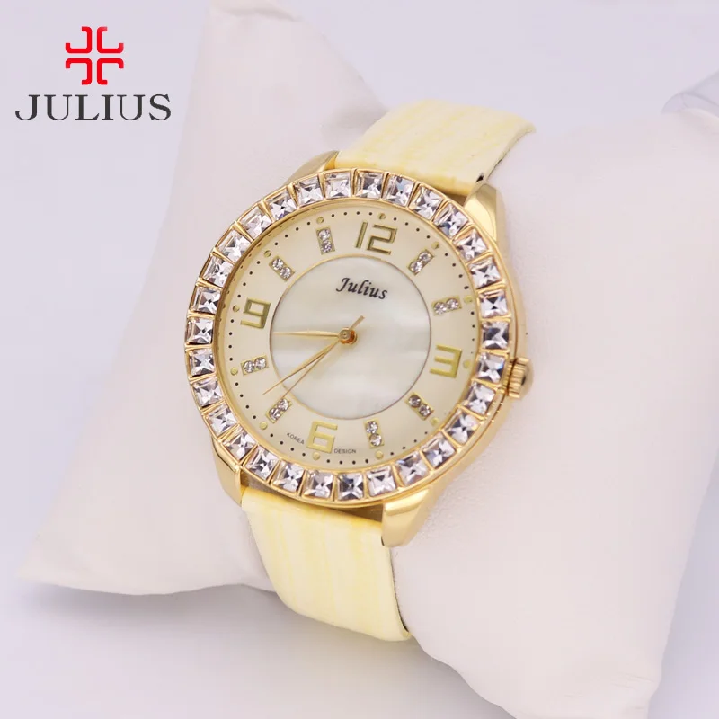 Mother-of-жемчужные женские часы со стразами японские кварцевые часы Прекрасный модный браслет кожаный подарок для девочки на день рождения Юлий - Цвет: Цвет: желтый