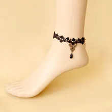 Anklet Womens Sexy Gothic Bronze Alloy Bead Drop Flower Black Lace Ankle Bracelet Barefoot Sandals Vintage Retro Foot Jewelry