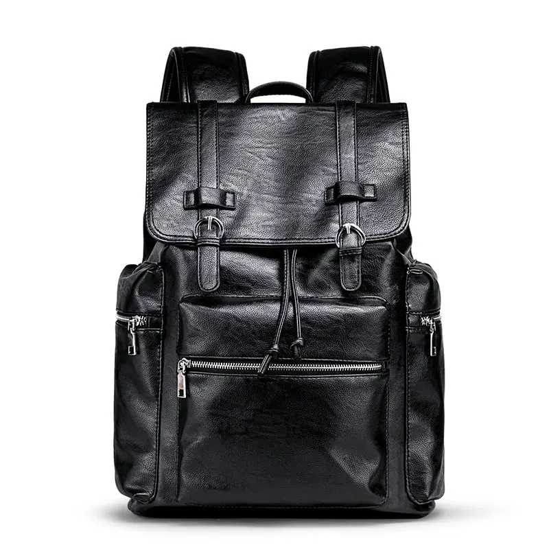 Повседневный черный мужской кожаный рюкзак с зарядкой от usb, мужской рюкзак из искусственной кожи с отверстием для наушников, Большой Вместительный мужской рюкзак - Цвет: Черный