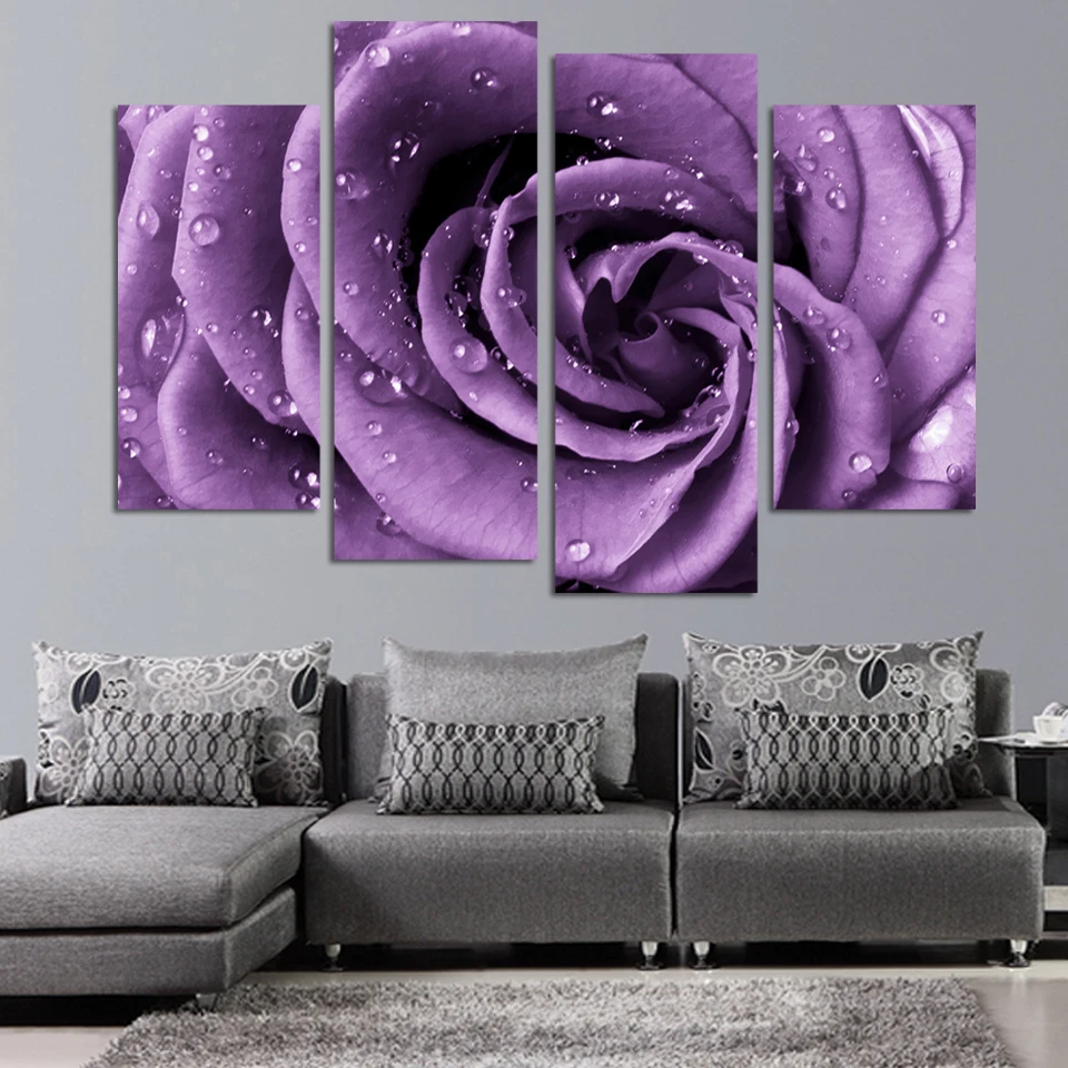 4 Panels Canvas Print Purple Rose Painting On Canvas Wall Art in Purple Rose Home Decor