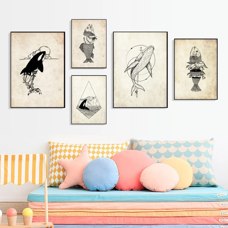 

Vintage Art Fish and Orca Whale Canvas Painting Print Home Decor