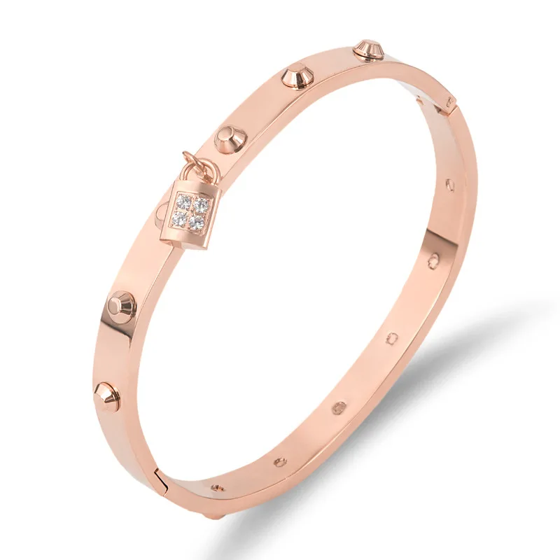 

Hot Sale Rhinestone CZ Padlock Rivet Rose Gold Color / Silver Color / Gold Color Stainless Steel Bangle For Women