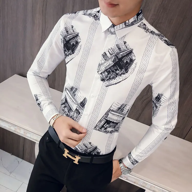 Для мужчин рубашка Мода Осень 2018 г. Новый Slim Fit печати черный, белый цвет костюмы рубашки мужские с длинным рукавом Повседневное платье в
