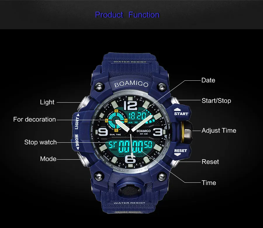 BOAMIGO Brand Men Sports Watches Military LED Digital Analog Wrist Watch man shock Swim Waterproof Blue Clock Relogios Masculino
