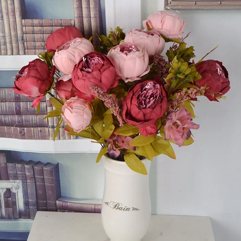 

13head 1Bouquet Artificial Fake Peony Silk Flower Bridal Wedding Decor Wreath Gland Deco