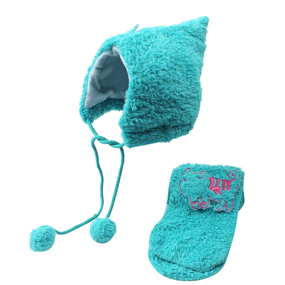 Cartoon Cat Baby Beanie Scarf Set Warm Velvet Baby Hat For Girls Lace Up Ear Protect Boys Beanie Autumn Winter Baby Boy Clothing (11) - 