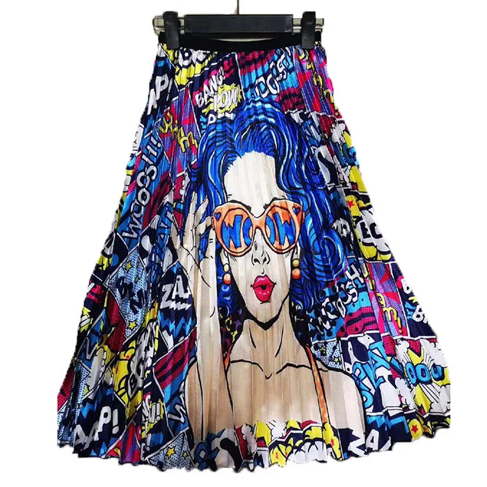 CR Женская плиссированная юбка на весну и лето, Ретро стиль, высокая талия, трапециевидная юбка, Мультяшные полосы, Женская юбка s Saia Midi Rokken Jupe Femme - Цвет: A28