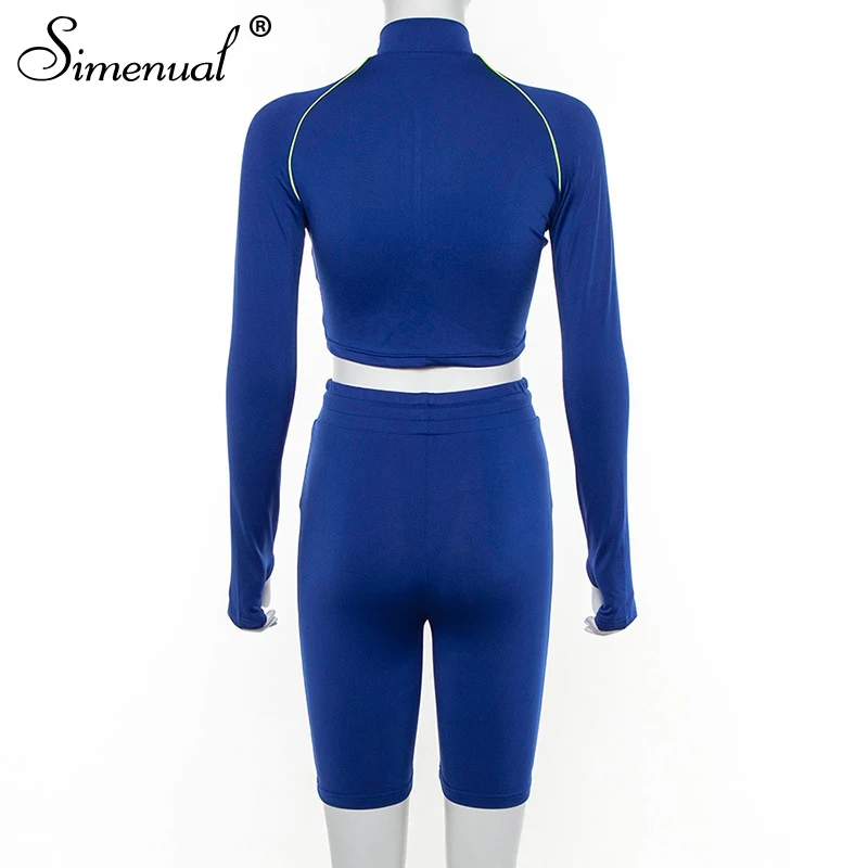 Simenual, спортивный повседневный комплект, женский короткий топ с длинным рукавом и байкерские шорты, неоновый полосатый комплект на молнии, 2 предмета, спортивный костюм синего цвета