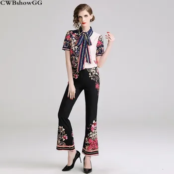 

CWBshowGG Runway Fashion Women's Two-Piece Turn-Down Collar Short-Sleeved Bow Shirt + Flare pants Vintage print Two-Piece set