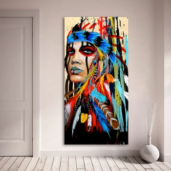 

Portrait Canvas Art Wall Pictures For Living Room Indian Woman Feathered Pride Painting Home Decor Printed