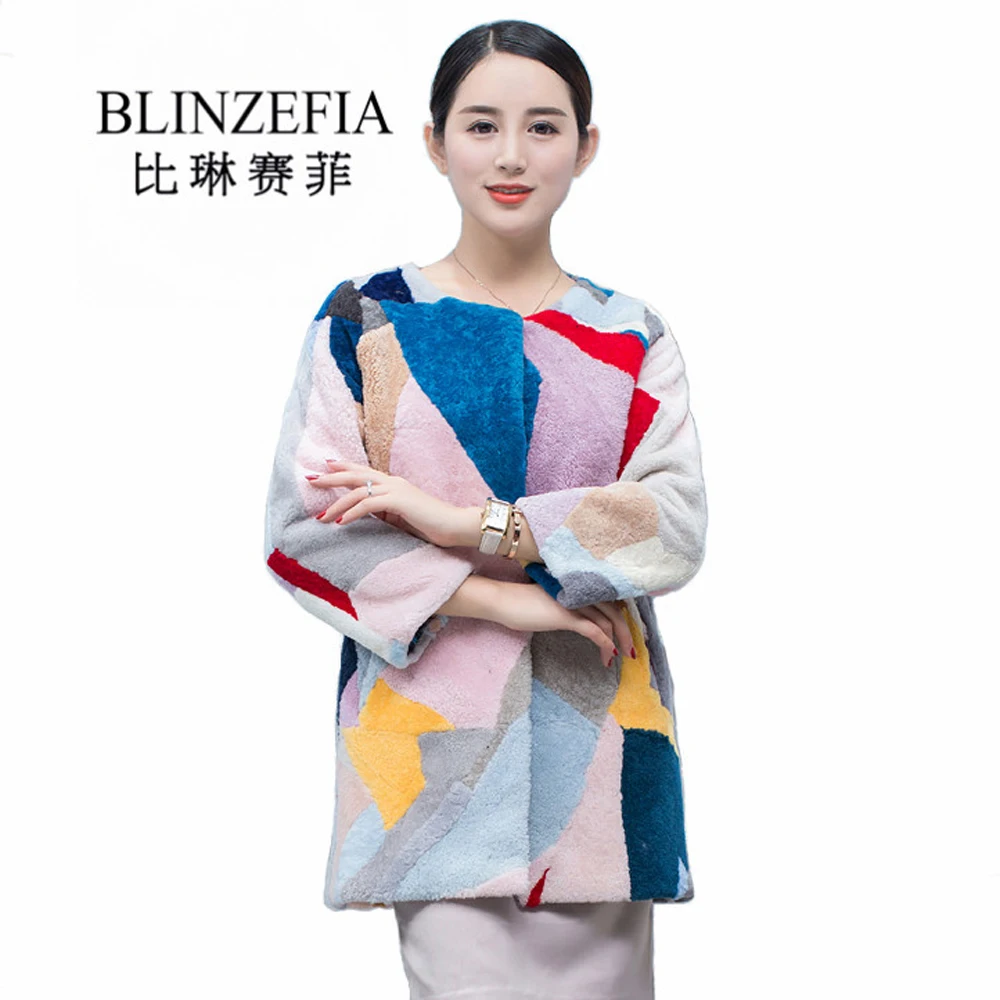 

2019 BLINZEFIA Winter Women Patchwork Genuine Shearling Sheep Fur Coat Russian Warm Thick Real Shorn Sheepskin Fur Jacket BZ1090