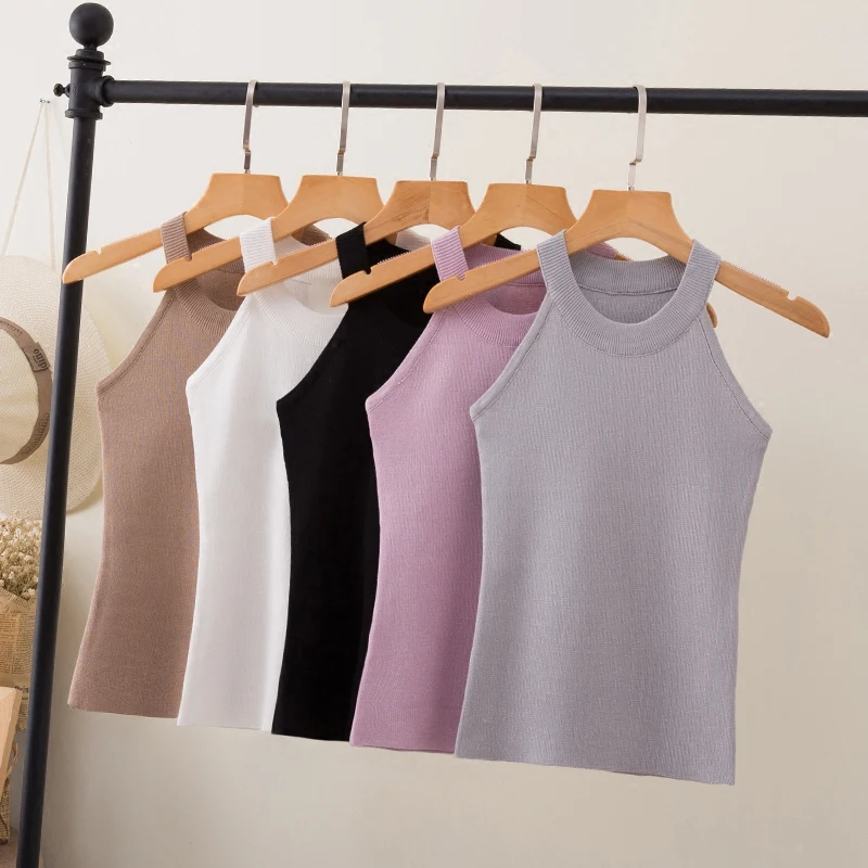 Summer Women Slim Knitting Halter Camisole Tops Female Bodycon Knitted Tanks Sleeveless Basic Solid T shirts 8017 black camisole